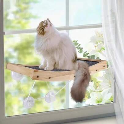 Almcmy Wooden Cat Window Perch, 2 In 1 Cat Hammock With Sisal Scratcher, Kitten Window Bed With Strong Suction Cups, Hanging Kitty Bed Holds Up 22 Lbs, Gray
