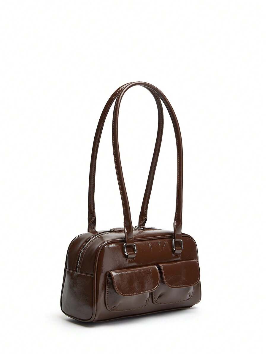 Geantă retro crossbody pentru femei cu buzunare multiple - Design ușor de tip bowling din ceară uleiată, reglabilă și cu închidere cu fermoar, potrivită pentru naveta zilnică, serviciu, cumpărături