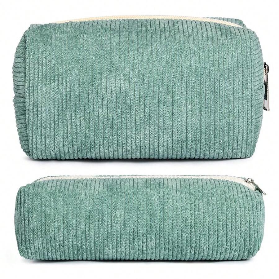 Checkered Makeup Bag Preppy Cosmetic Bag Bulk Blue Makeup Pouch Travel Toiletry Bag Organizer Cute Makeup Brushes Storage Bag Women Fashion - 燈芯絨綠 - 查看 1