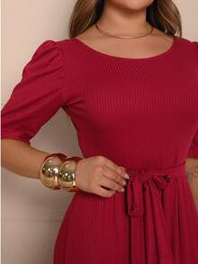 Three Marias Long Dress In Evangelical Ribbed Knit, Various Colors, With Belt, Ruffled Hem - Redwood - View 2