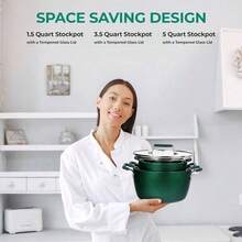 Green Pots And Pans Set Nonstick, 6 Stackable Piece Cooking Pots Set, Kitchen Pots, Non Stick Coating, 5qt 3qt 1.5qt Pots With Lids, Stay Cool Handles Dishwasher  Toxin - Emerald Green - View 3