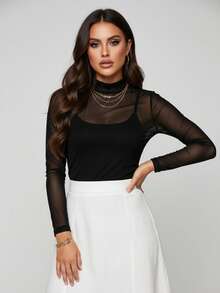 Women's Long Sleeve Tulle Blouse With High Neck Transparent Elegant - Casual Fashion And Fashion Simple Transparent None Holiday Evening All Seasons - 黑色 - 查看 2