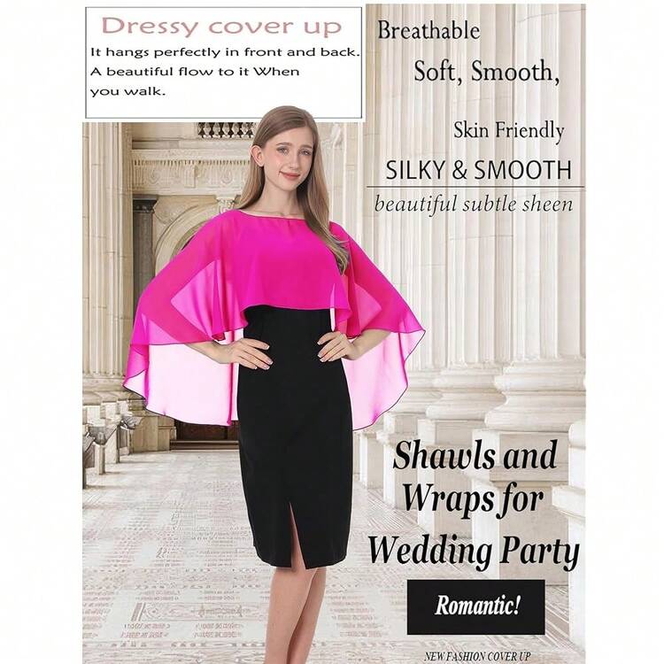 Baoqiya Women's Capelet Shawls And Wraps For Evening Dresses Soft Bridesmaid Shawl Chiffon Cape Wedding Cover Up{"Color_name":"Rose"} - rose - 查看 5