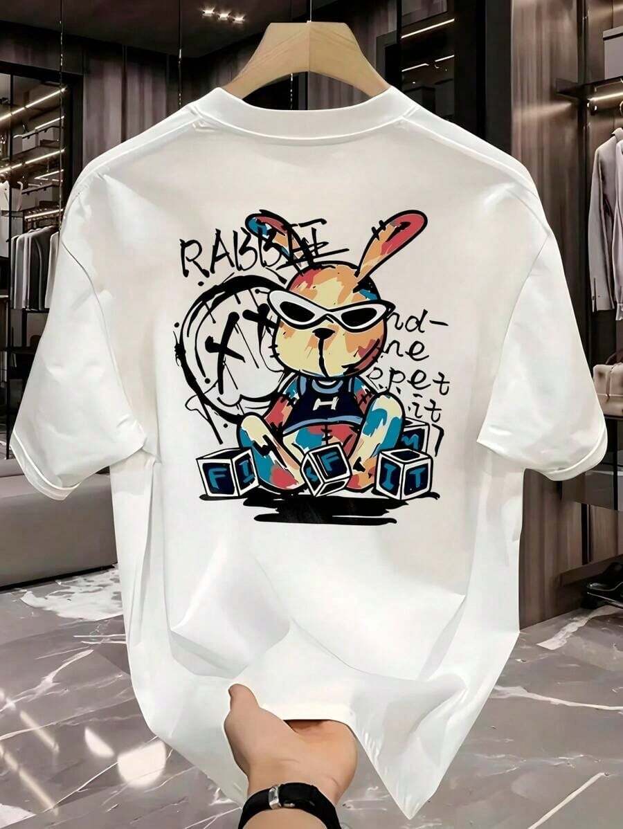 Men's Streetwear T-Shirt Rabbit Graffiti Rabbit Shirt 100% Cotton Premium T-Shirt - 白色 - 查看 1
