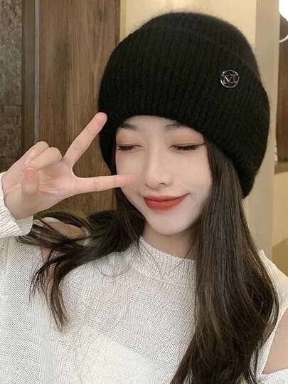 1 件针织翻边无檐帽金属标签女士冬季兔毛毛绒针织帽柔软宽松保暖贴身滑雪跑步成人针织帽大头围，瘦脸保暖，