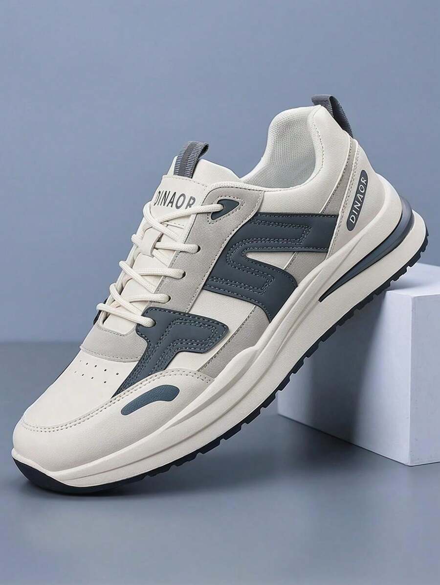 [Special Offer] Men's Faux Leather & Mesh Low-Top Casual Sneakers – Lace-Up Color-Block Retro Design Logo Detail Non-Slip Rubber Sole Lightweight Breathable Daily Footwear | Ideal For Daily Wear, Casual Outings & Commute - 白色 - 查看 1