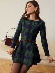 Women's Green Plaid Pattern Fitted Casual Elegant Long Sleeve Dress (No Belt), Spring/Autumn - Blue Plaid - View 3