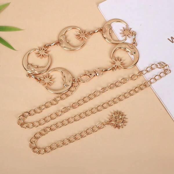 1 قطعة سلسلة خصر للنساء بتصميم هلال القمر والوجه المبتسم للشمس، مناسبة كهدية عيد الميلاد، سلسلة خصر هندسية بوهيمية من سبيكة الزنك، شائعة في جميع المواسم