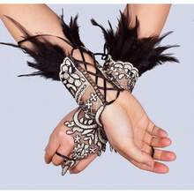 L'VOW 2Pcs Gothic Black Lace Feather Long Gloves For Women Halloween Witch Costume Swan Wristband Cuff{"Color_name":"B-White"} - B-白色 - 查看 3