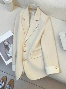 HOMEYEE 翻领长袖拼色纽扣休闲优雅百搭西装外套，适合商务、办公室、度假 - 杏色 - 查看 7