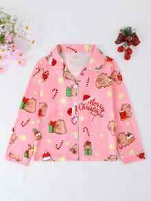 3 件套女孩和青少年休闲卡通圣诞礼物印花翻领长袖开衫和短裤和长裤睡衣套装，阻燃，适合所有季节和圣诞节 - 粉色 - 查看 3