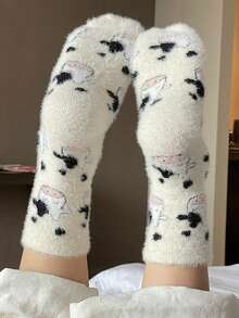2 đôi tất dài đến bắp chân bằng vải nhung mềm mại in hình con bò dành cho nữ, mùa thu/đông, tất ấm áp - Đen và trắng - Xem 8