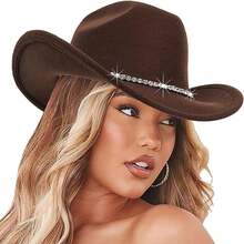 Women Sparkly-Rhinestone Western-Cowgirl-Hat Glitter-Bling Cowboy-Hat Felt-Rodeo-Hat For Disco-Party Medium/Large{"Size_name":"Medium-Large","Color_name":"OneRhinestoneDecor-Brown"} - One 水鑽裝飾棕色中大號 - 查看 1