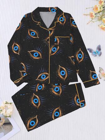2pcs Casual Angel Eye Graphic Print Women Pajama Set, Comfortable Long Sleeve Collar Top And Elastic Waist Pants, Sleepwear For Holiday Party, Loungewear For All Seasons, Fall Winter Clothes