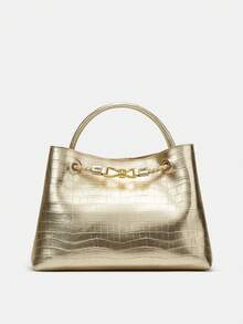 Bolso de hombro con textura de piedra, correa con hebilla de metal, diseño único, bolso bandolera de gran capacidad - Dorado - Ver 5