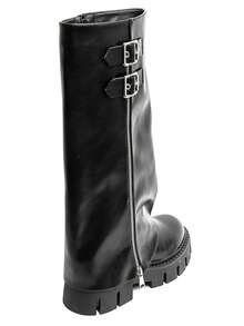Bottes hautes noires en similicuir avec semelle crantée, décorées de deux boucles argentées et d’un zip latéral moderne. - 黑色 - 查看 5