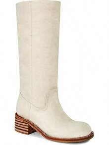 Women's Knee High Chunky Block Heel Square Toe Low Heel Boots, Style - Beige - View 1