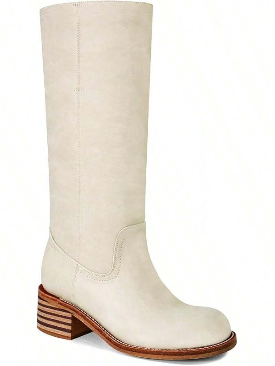Women's Knee High Chunky Block Heel Square Toe Low Heel Boots, Style - Beige - View 1
