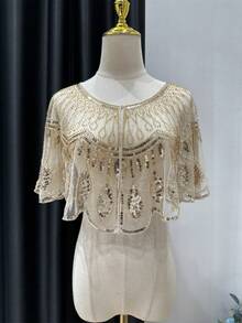 Scialle in rete di poliestere vintage con paillettes, colore champagne, adatto per matrimoni, banchetti, feste - accessorio delizioso, abbigliamento da banchetto, eleganza vintage, mantella con paillettes che può essere lavata a mano per abiti - multicolore - Visualizzare 10