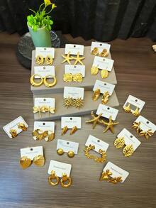 16 Pairs - 18K Gold-Plated Stainless Steel Earrings - Featuring A Variety Of Leaves, Flowers, Shells And Geometric Patterns, Suitable For Daily Wear And As Gifts. Valentine's Day Accessories - Elegant Earrings - Durable Earrings