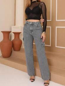 Calça Cargo Grafite  Feminina Cintura Alta  Simples    Casual  elegante  Festa    Bolso  Botão  Zíper    Escola  Diário