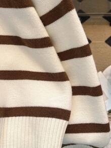 1pc Teen Girls' Casual Striped Zip-Up Warm Soft Thick Knit Sweater, Suitable For Spring, Autumn, Winter