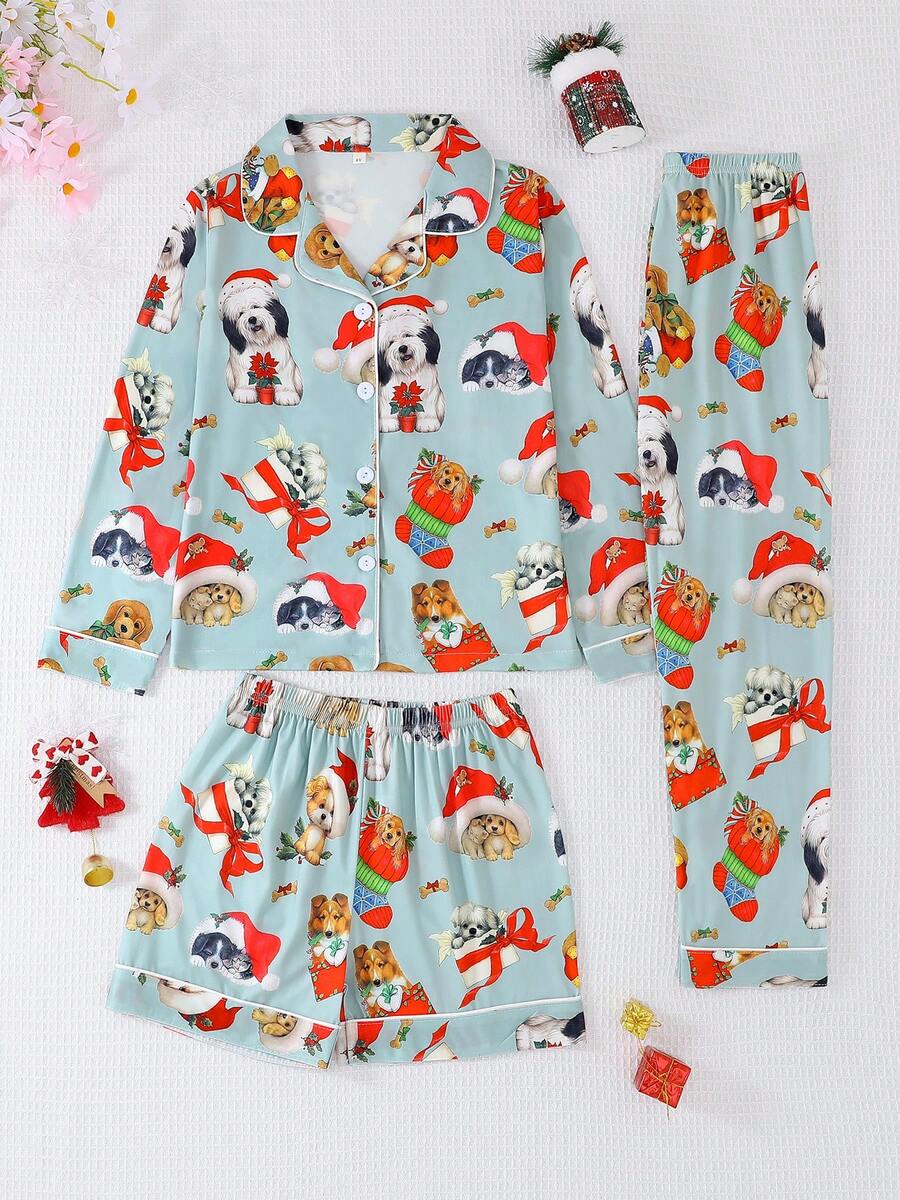 3 件套女孩和青少年休闲卡通圣诞小狗印花翻领长袖开衫和短裤和长裤睡衣套装，阻燃，适合所有季节和圣诞节 - 綠色 - 查看 1