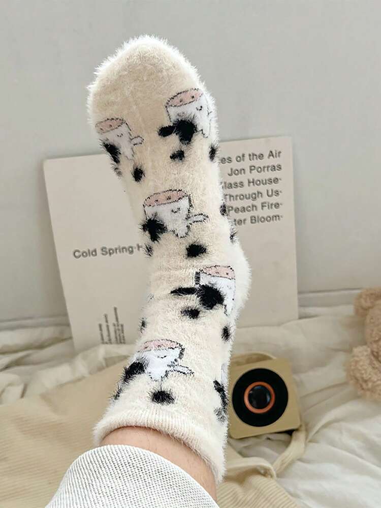 2 pares de calcetines de media caña de vaca estampados, esponjosos y suaves para mujer, para otoño/invierno, calcetines acogedores - Blanco y Negro - Añade 7