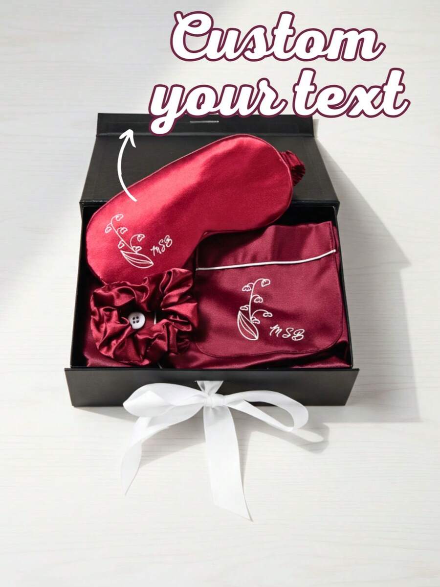 个性化定制图案字母眼罩、发带套装和睡衣套装、定制姓名睡眠面罩发带、最佳伴娘礼物、新娘派对礼物、个性化结婚礼物、亮面仿缎眼罩发带套装、结婚礼物 - 彩色 - 查看 1