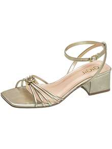 Women's Sandals With Medium Block Heel And Straps, Metal Embellishment, Comfortable And Stylish, GiGiL - 金色 - 查看 2
