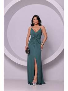 Vestido Longo Festa Feminino com Decote Profundo e Alça Brilhante - Verde Escuro - Visão 1