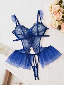 weiweihu 1-Piece Ladies Sexy Open-File One-Piece Floral Embroidery Lace Temptation Halter See-Through Bow Mesh One-Piece Free Sexy Underwear Suitable For Home Or Private Parties, Sexy Underwear  Ladies Open Crotch Ruffled Modified Lace Mesh Floral Embroidery Halter Halter Mesh Skin-Permeable Sexy One-Piece Fall Clothes For Women  Stockings Women  Medias De Invierno Mujer Winter Clothes Thanksgpajamas Sets For Women   Pijamas Navideñas Christmas Pajamas Thanksgiving Outfit Women - 寶藍色 - 查看 7