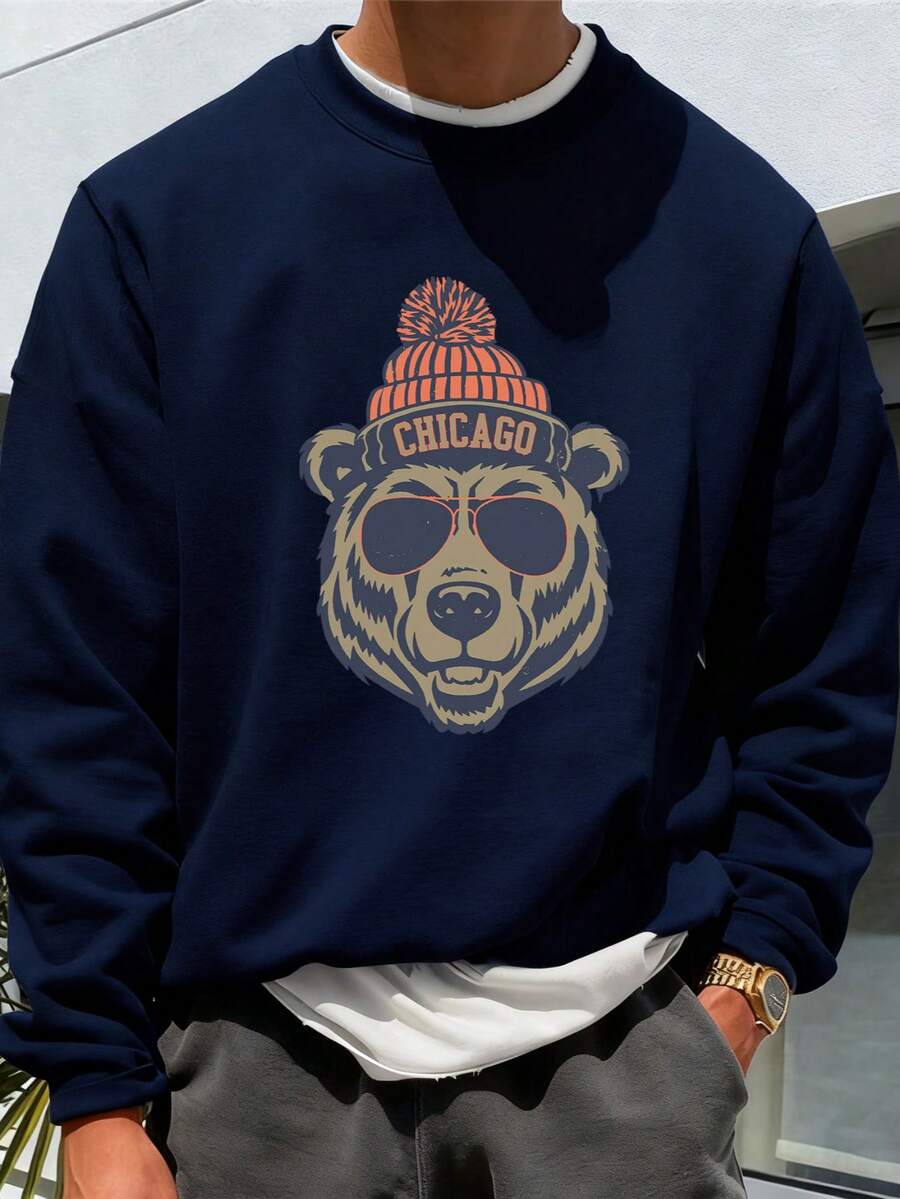 男士休闲宽松圆领卫衣，饰有熊头图案印花，芝加哥风格设计，长袖上衣 - 藏蓝色 - 查看 1