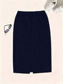 Plus Size Gemstone Rose Solid High Waist Pencil Skirt - Navy Blue - View 5
