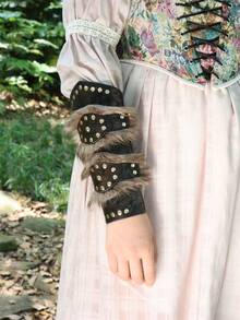 1件中世纪PU皮革铆钉仿毛皮袖口，骑士维京战士皮革腕带，适用于文艺复兴维京市场LARP万圣节/狂欢节服装配饰 - 黑色 - 查看 6