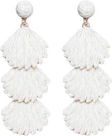 Raffia Dangle Earrings Women - Boho Statement Rattan Drop Jewelry With Design, Lightweight Summer Beach Accessories - White - View 1