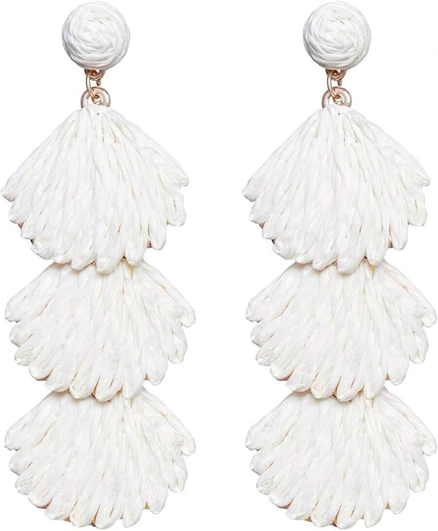 Raffia Dangle Earrings Women - Boho Statement Rattan Drop Jewelry With Design, Lightweight Summer Beach Accessories - White - View 1