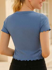 "Blusa mujer moda juvenil 2025 camiseta corta casual estampada algodón elástica cuello redondo manga corta ajustada combinable jeans shorts leggins outfit moderno verano primavera moda México" - Azul - Ver 7