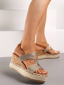 女士波西米亚风软木坡跟凉鞋 - 夏季休闲沙滩 - 香檳色 - 查看 1