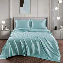 Silky Soft Pink Twin XL Satin Bed Sheets Set, 1 Deep Pocket Fitted Sheet + 1 Flat Sheet + 1 Pillowcase,  In 2025 - Aqua - 查看 4