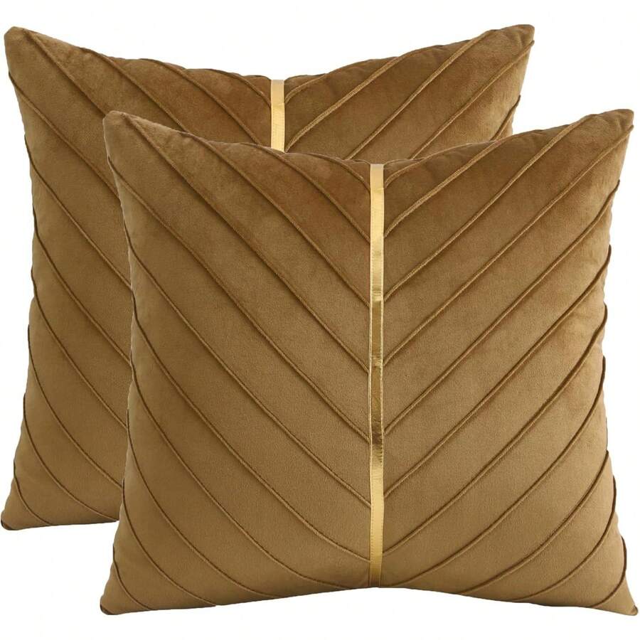 Navy Blue Velvet Throw Pillow Covers 18 X 18 Inch Pack Of 2 With Gold Leather Decor For Couch, Luxury Modern Pillowcases For Living Room, Bedroom Sofa Cushion Bed - 棕色 - 查看 1