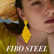 FIBO STEEL Acrylic Petal Earrings For Women Red Statement Earrings Dangle Rhombic Boho Flower Lime Green Orange Rose Big Bold Colorful Costume Jewelry Long Drop Dangle Earrings{"Color_name":"Yellow"} - 黃色 - 查看 4