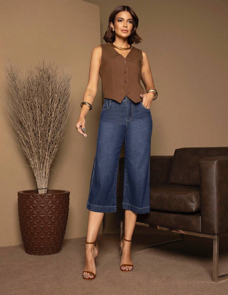 FACE JEANS WEAR Women's Jeans Pantacourt Pantalona Without Slit With Elastane Tailoring Women's Capri Pantacur Short Comfortable High Waist Elegant Fresh With Lycra Plus Size - 中等水洗藍 - 查看 1