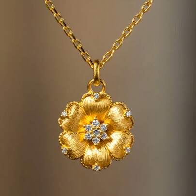 女士优雅奢华复古18K镀金锆石浪漫花瓣吊坠项链