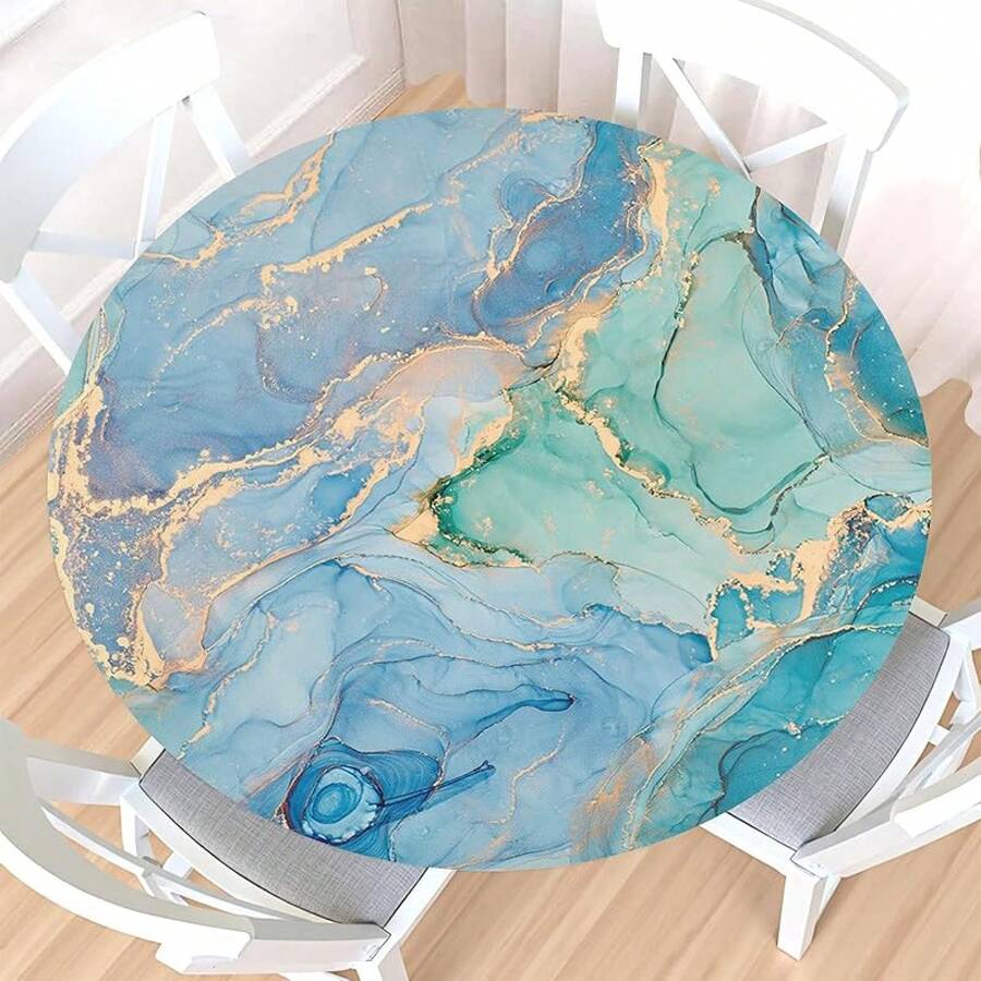 Water-Resistant Round Tablecloth With Elastic Edge For 40-44" Tables - Daily-teal Marble - View 1