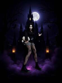 1 条女式万圣节渔网紧身裤，高腰蕾丝蜘蛛网图案紧身裤 - 黑色 - 查看 6