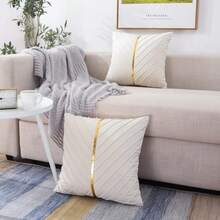 Navy Blue Velvet Throw Pillow Covers 18 X 18 Inch Pack Of 2 With Gold Leather Decor For Couch, Luxury Modern Pillowcases For Living Room, Bedroom Sofa Cushion Bed - 米色 - 查看 8