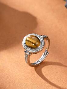 1pc Natural Crystal & Stone Smooth Egg-Shaped Open Ring, Suitable For Women