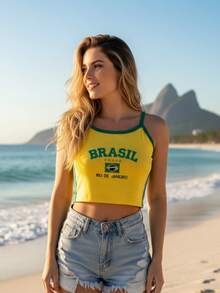Embroidered Brazil Shirt Women's Thin Strap Suplex Fabric Tank Top - 黃色 - 查看 2