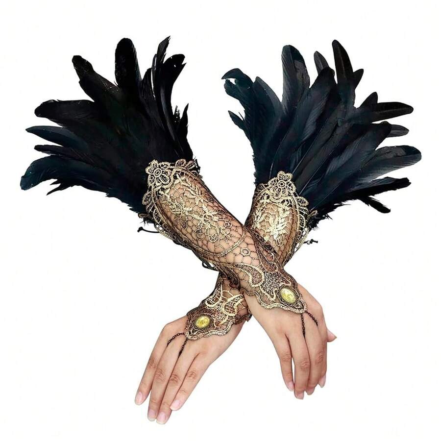 L'VOW 2Pcs Gothic Black Lace Feather Long Gloves For Women Halloween Witch Costume Swan Wristband Cuff{"Color_name":"A-BlackandGold"} - A-blackandGold - 查看 1